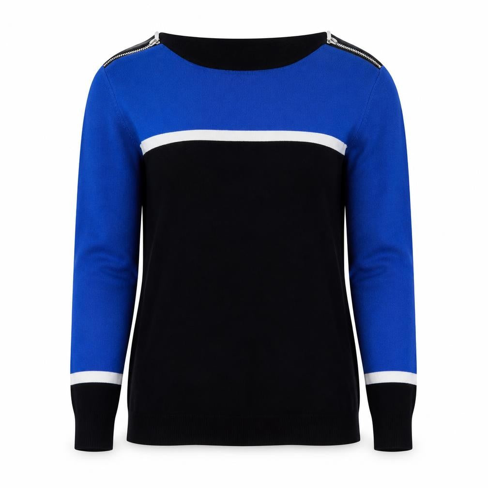 Front view of Wallis Women Blue Black Petite, size 14, Zip Shoulder Jumper