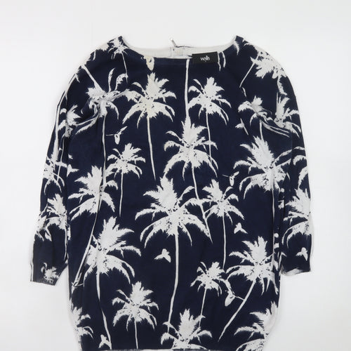 Wallis Womens Blue Palm Print Cotton 3/4 Sleeve Jumper Size S