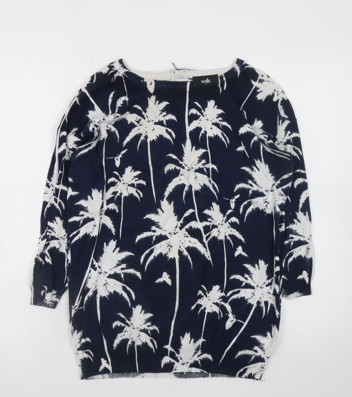 Wallis Womens Blue Palm Print Cotton 3/4 Sleeve Jumper Size S
