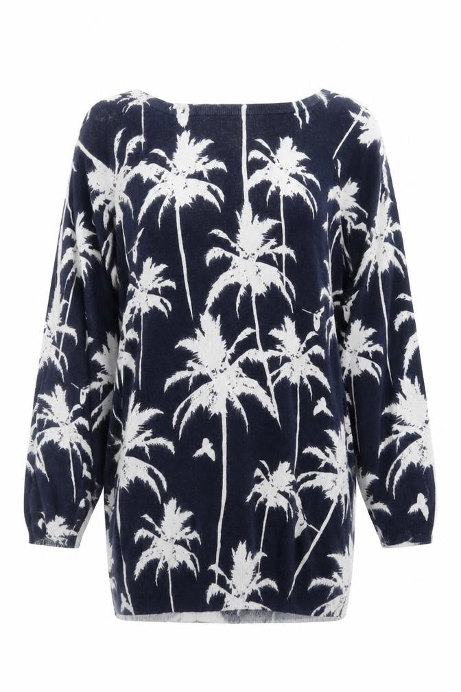Wallis Womens Blue Palm Print Cotton 3/4 Sleeve Jumper Size S