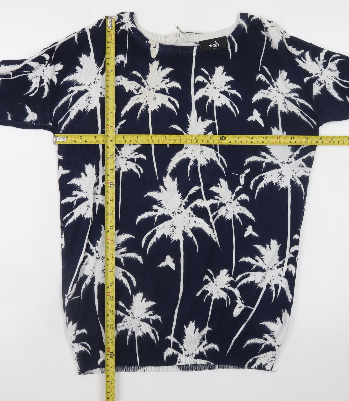 Wallis Womens Blue Palm Print Cotton 3/4 Sleeve Jumper Size S