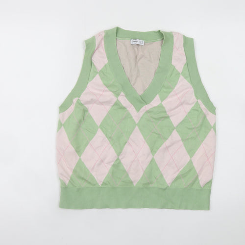 Stradivarius Women's Green Argyle Knit Sleeveless V-Neck Vest Size 8