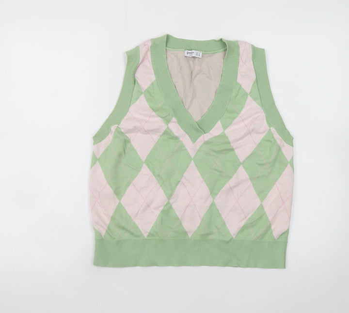 Stradivarius Women's Green Argyle Knit Sleeveless V-Neck Vest Size 8