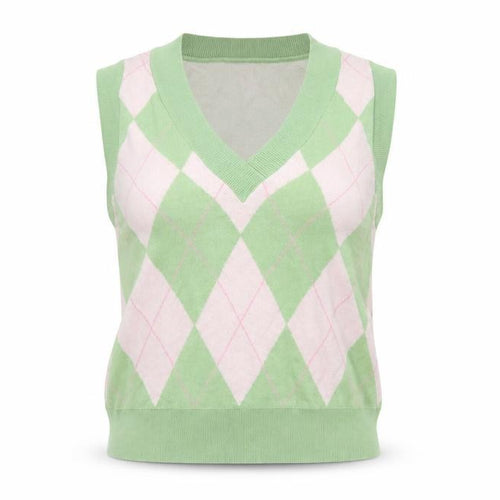Stradivarius Women's Green Argyle Knit Sleeveless V-Neck Vest Size 8