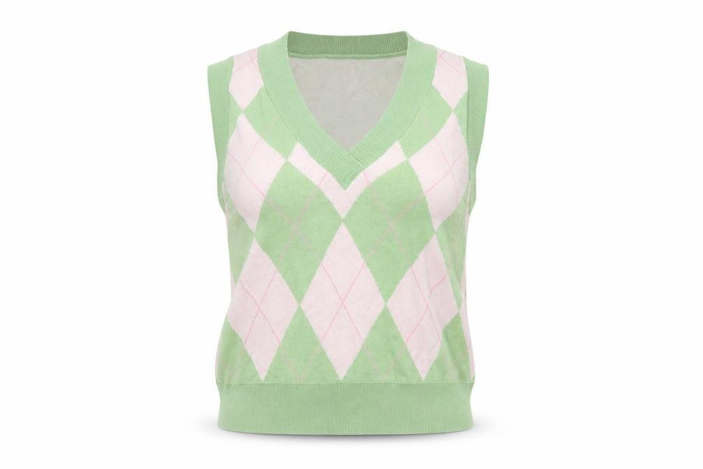 Stradivarius Women's Green Argyle Knit Sleeveless V-Neck Vest Size 8