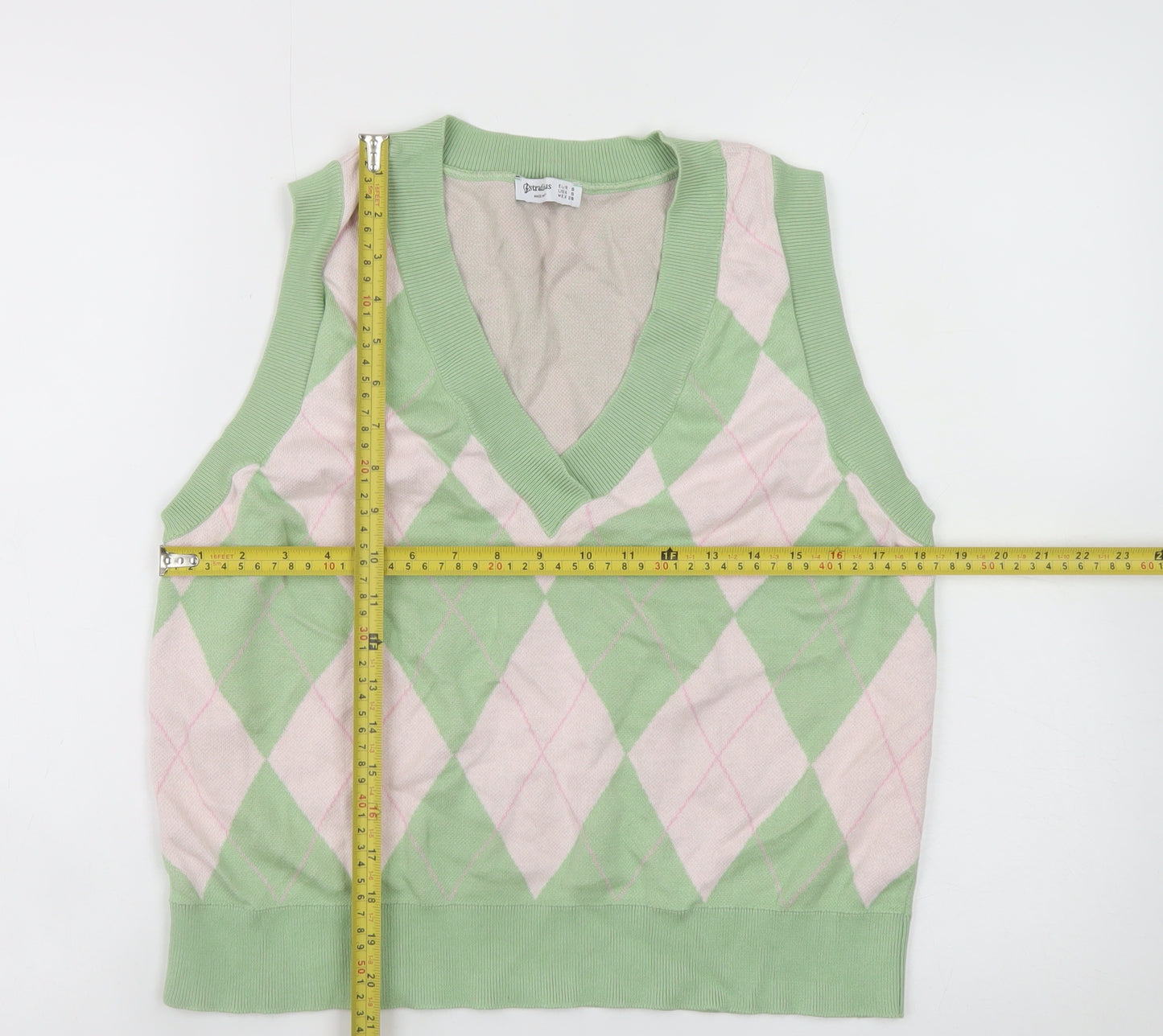 Stradivarius Women's Green Argyle Knit Sleeveless V-Neck Vest Size 8