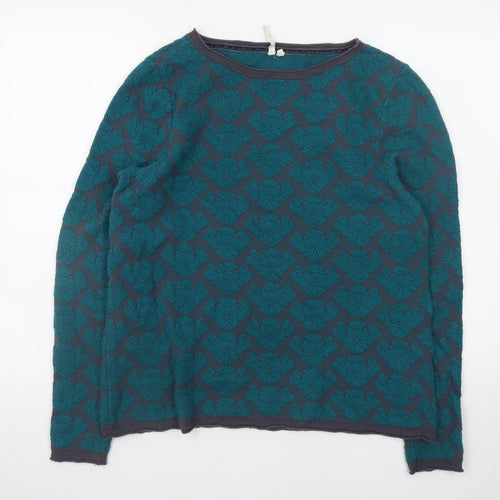 White Stuff Womens Blue Green Floral Knit Jumper Size 14 Long Sleeve