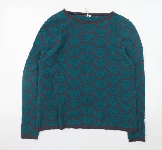 White Stuff Womens Blue Green Floral Knit Jumper Size 14 Long Sleeve