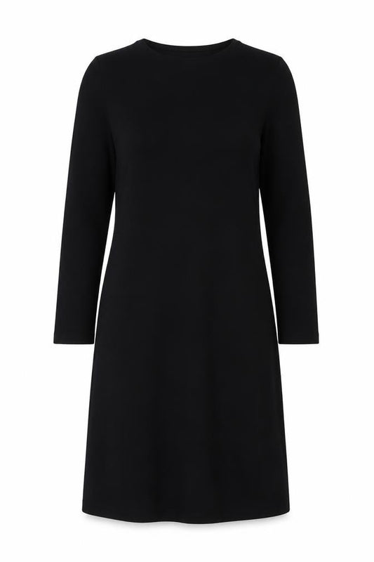 Front view of Marks & Spencer Women Black, size 8, Shift Jersey Long Sleeve Dress