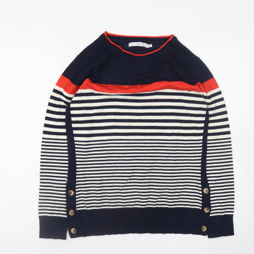 ISLE Women's Navy Striped Crew Neck Button Jumper Size S 10-12