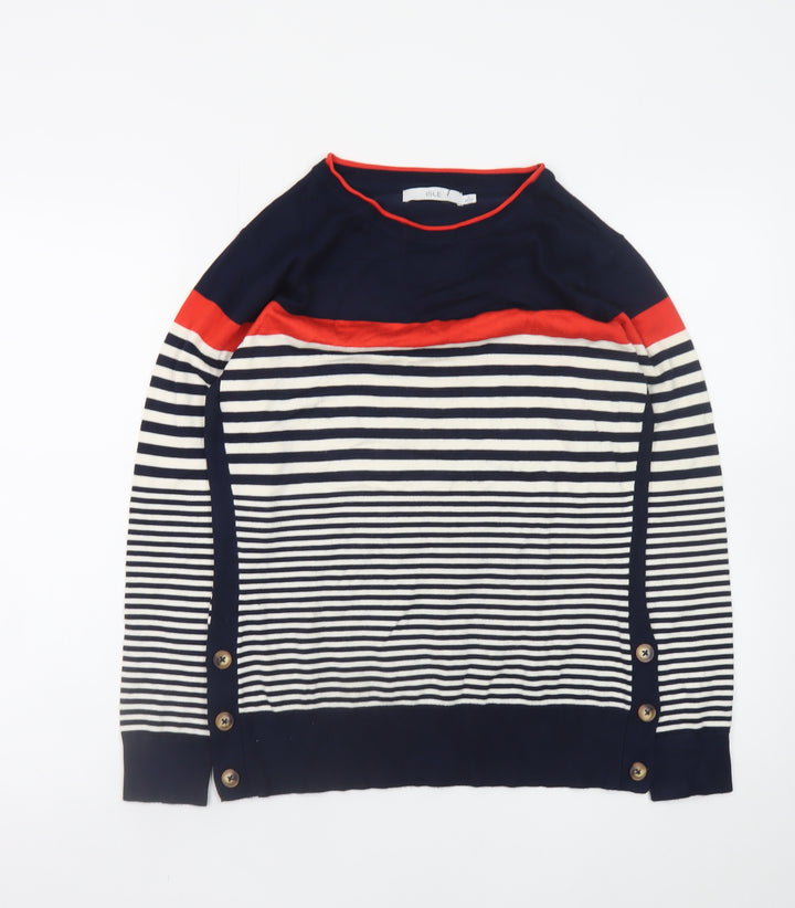 ISLE Women's Navy Striped Crew Neck Button Jumper Size S 10-12