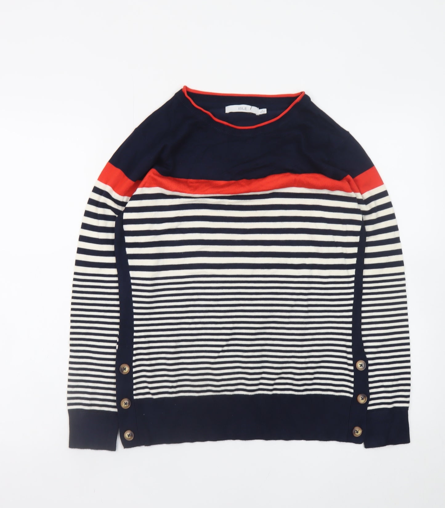 ISLE Women's Navy Striped Crew Neck Button Jumper Size S 10-12