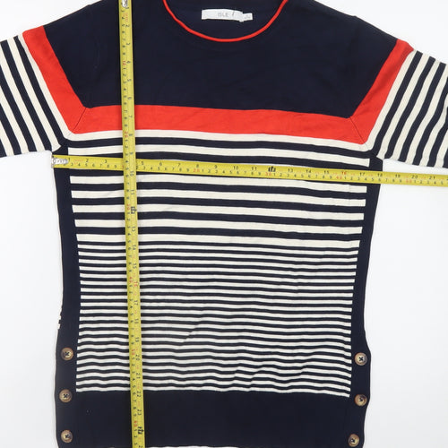 ISLE Women's Navy Striped Crew Neck Button Jumper Size S 10-12