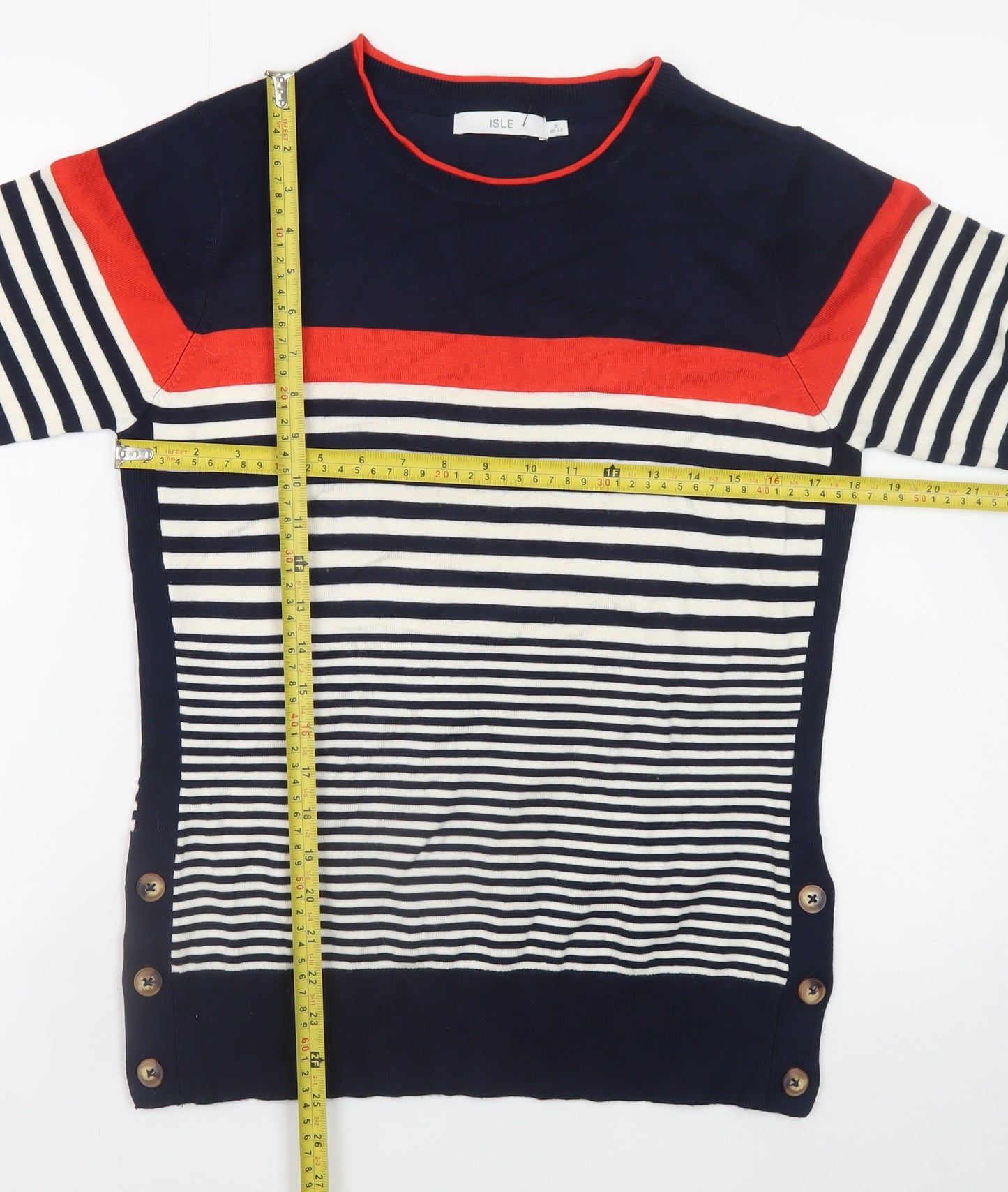ISLE Women's Navy Striped Crew Neck Button Jumper Size S 10-12