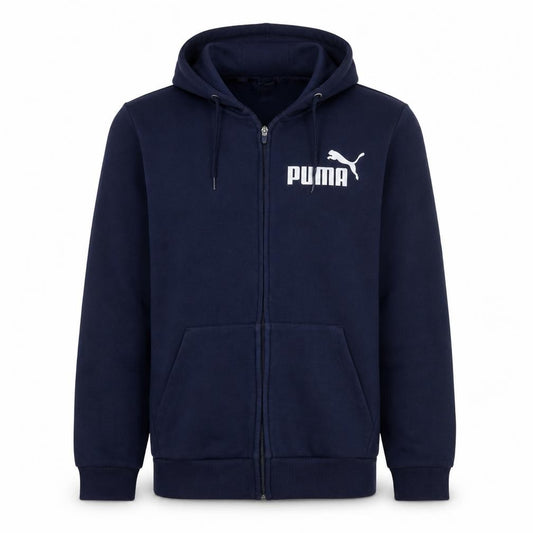 Front view of Puma Men's Blue Full Zip Hoodie, size L, Sportswear Fleece