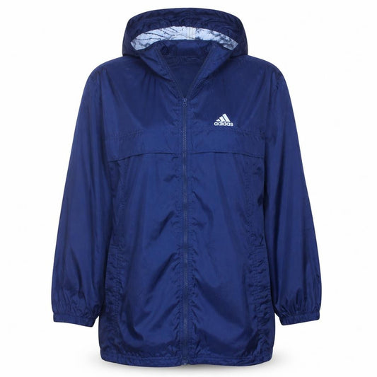 Front view of Adidas Women's Blue Hooded Windbreaker Jacket, size L, Waterproof