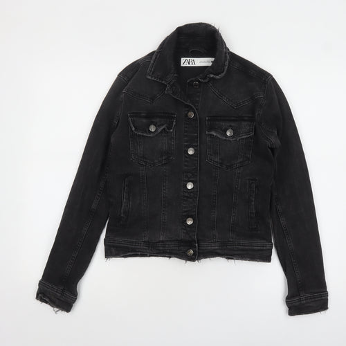 ZARA Women Black Cotton Denim Jacket Size S Classic Style