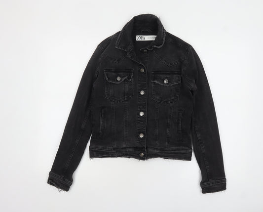 ZARA Women Black Cotton Denim Jacket Size S Classic Style