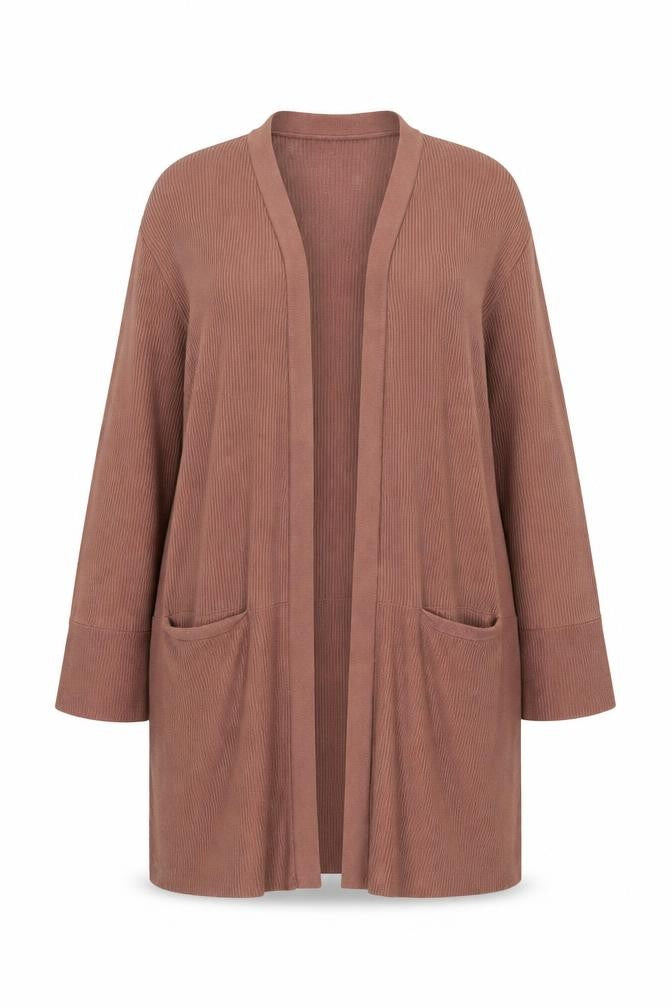 Front view of ASOS Women’s Brown Long Cardigan, size UK 18, Knit Open Front