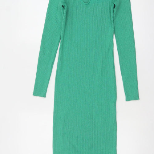 H&M Women Green Long Sleeve Bodycon Midi Dress Size 12