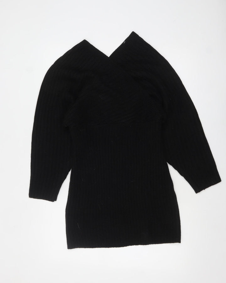 Boohoo Women Black Bodycon Knit Dress V-Neck 3/4 Sleeve M