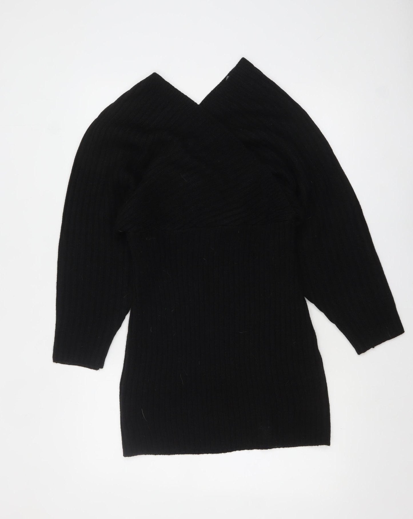 Boohoo Women Black Bodycon Knit Dress V-Neck 3/4 Sleeve M