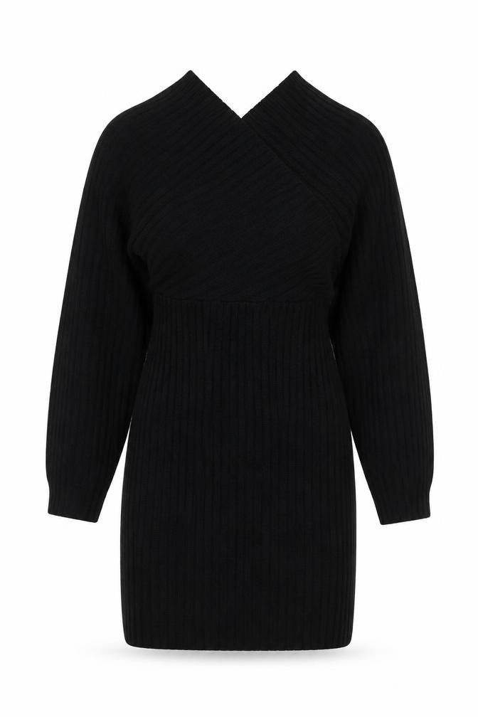 Boohoo Women Black Bodycon Knit Dress V-Neck 3/4 Sleeve M