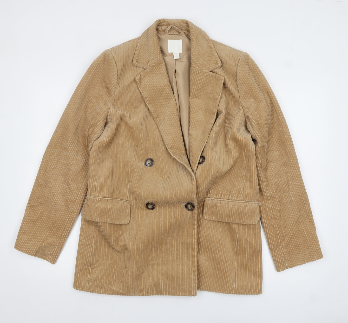 H&M Women Beige Corduroy Double-Breasted Blazer UK 12