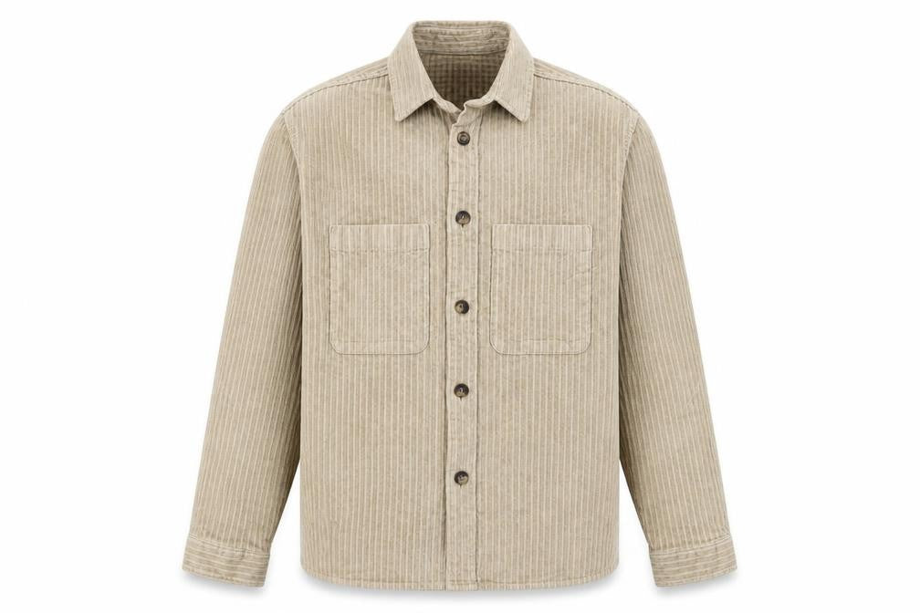 Front view of SELECTED HOMME Men’s Beige Corduroy Button Jacket, size S, 38in Regular Fit