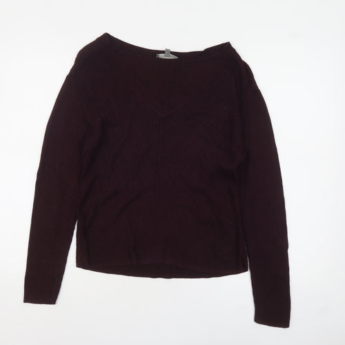 Oasis Womens Burgundy V-Neck Ribbed Knit Jumper Size L