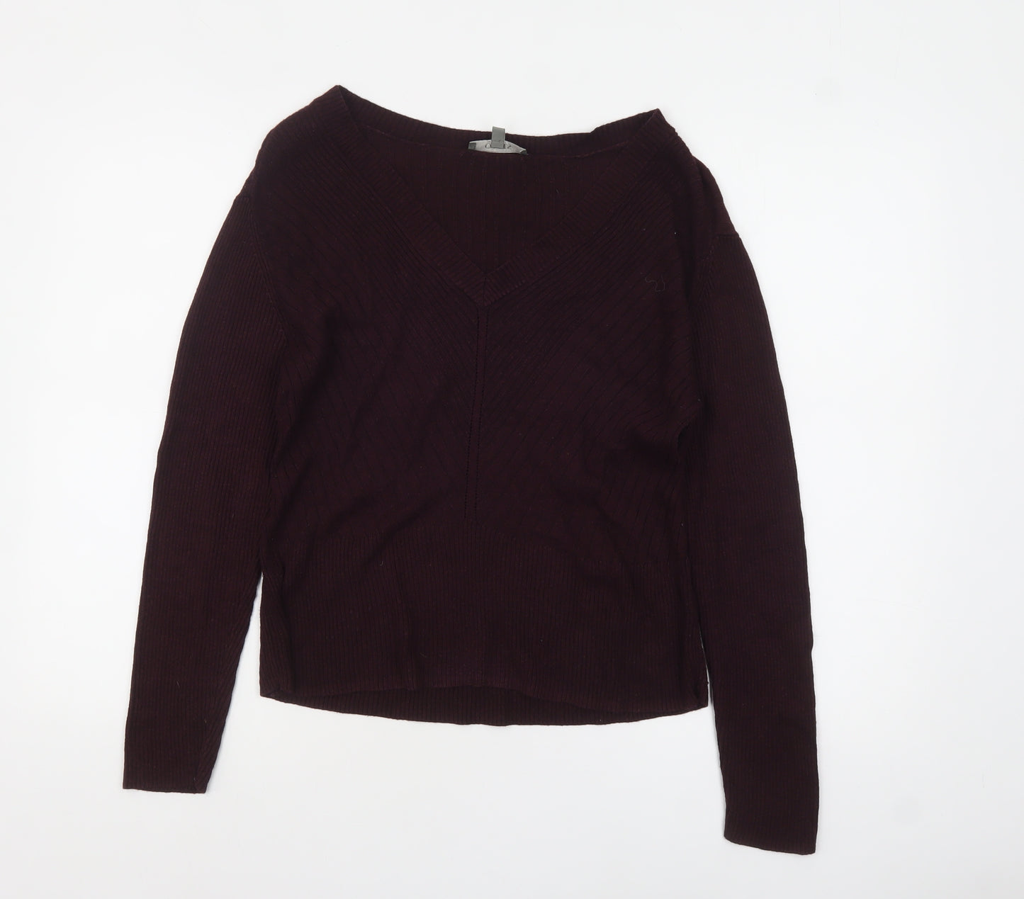 Oasis Womens Burgundy V-Neck Ribbed Knit Jumper Size L