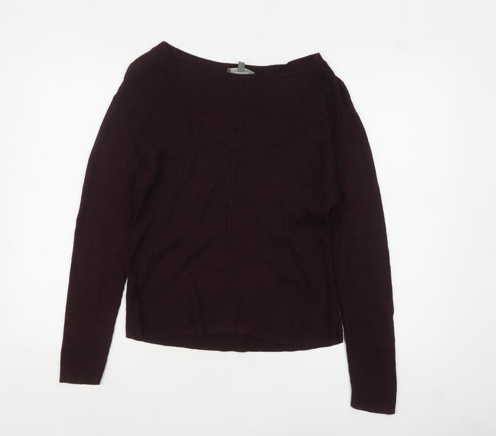 Oasis Womens Burgundy V-Neck Ribbed Knit Jumper Size L