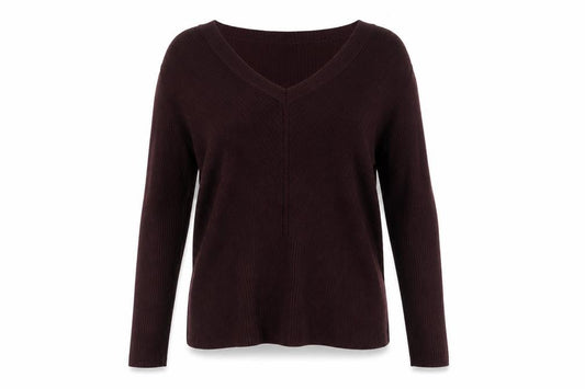 Front view of Oasis women’s burgundy v-neck ribbed knit jumper, size L