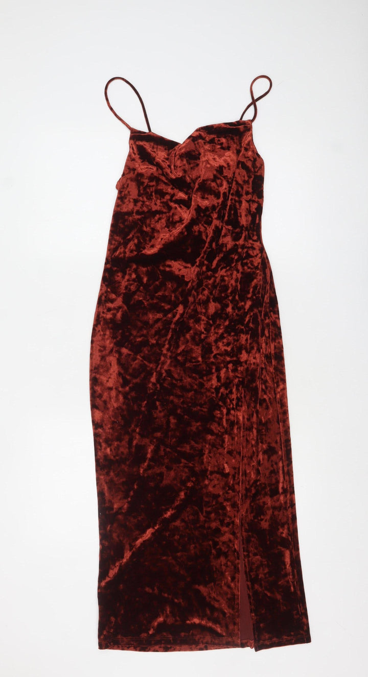 Topshop Women’s Brown Velvet Slip Dress Size 8 Long V-Neck Partywear