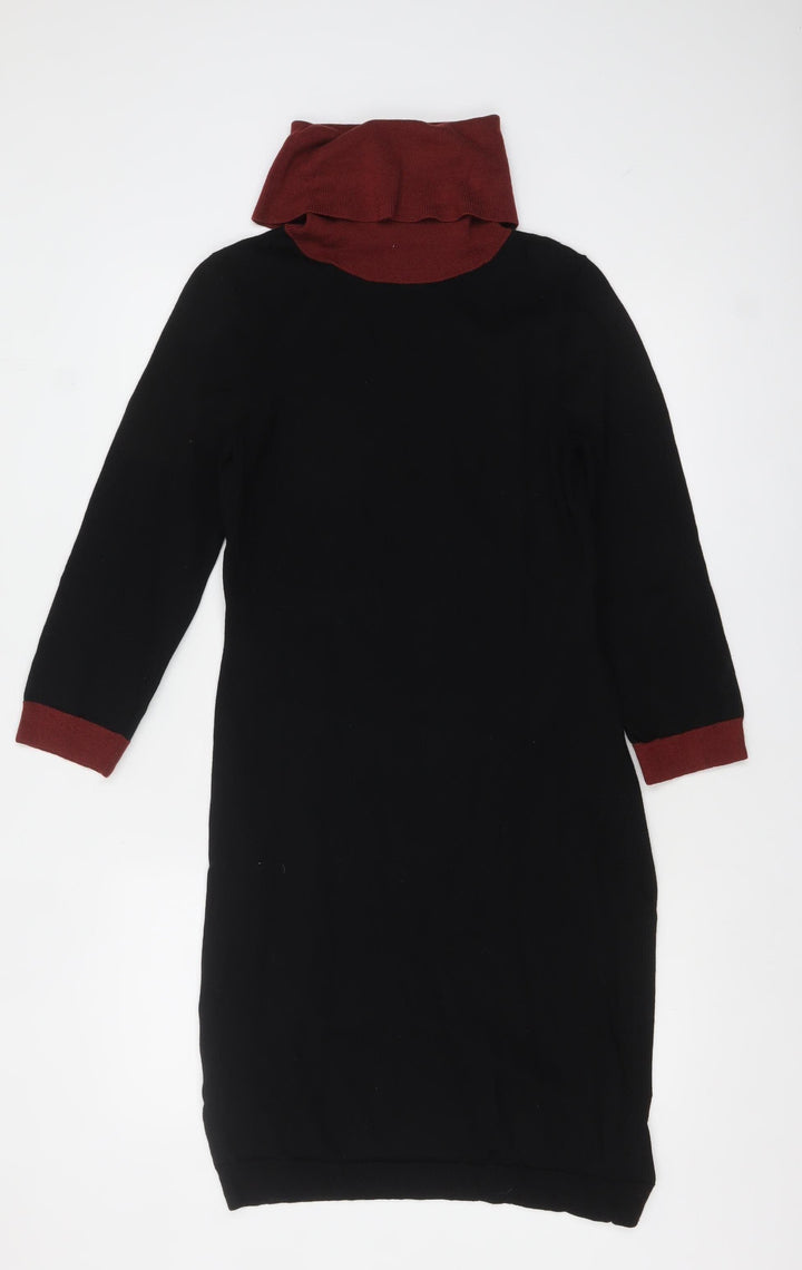Jaeger Women Black Wool Knit Roll Neck Sweater Dress S