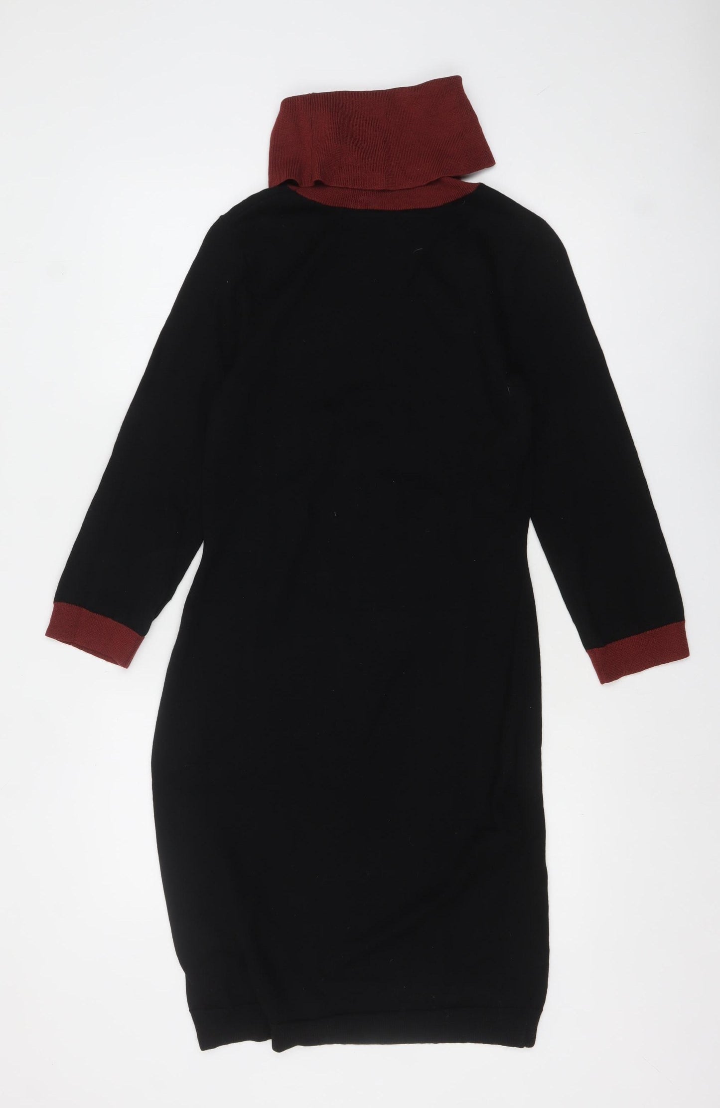 Jaeger Women Black Wool Knit Roll Neck Sweater Dress S