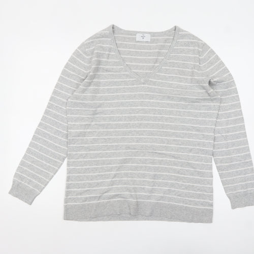 C&A Women Grey Striped V-Neck Cotton Knit Jumper L