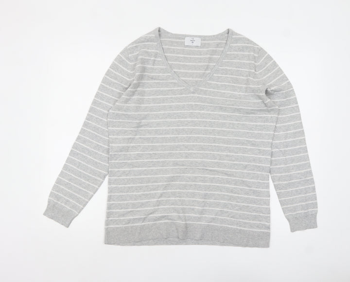 C&A Women Grey Striped V-Neck Cotton Knit Jumper L