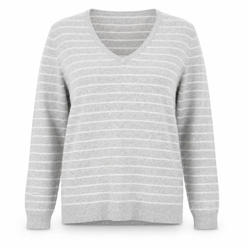 C&A Women Grey Striped V-Neck Cotton Knit Jumper L