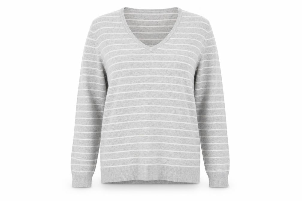 C&A Women Grey Striped V-Neck Cotton Knit Jumper L