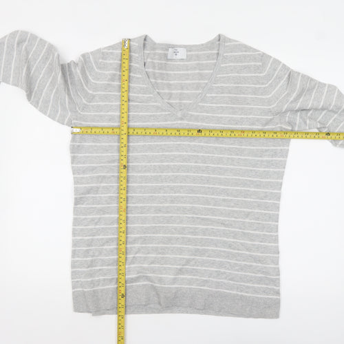 C&A Women Grey Striped V-Neck Cotton Knit Jumper L