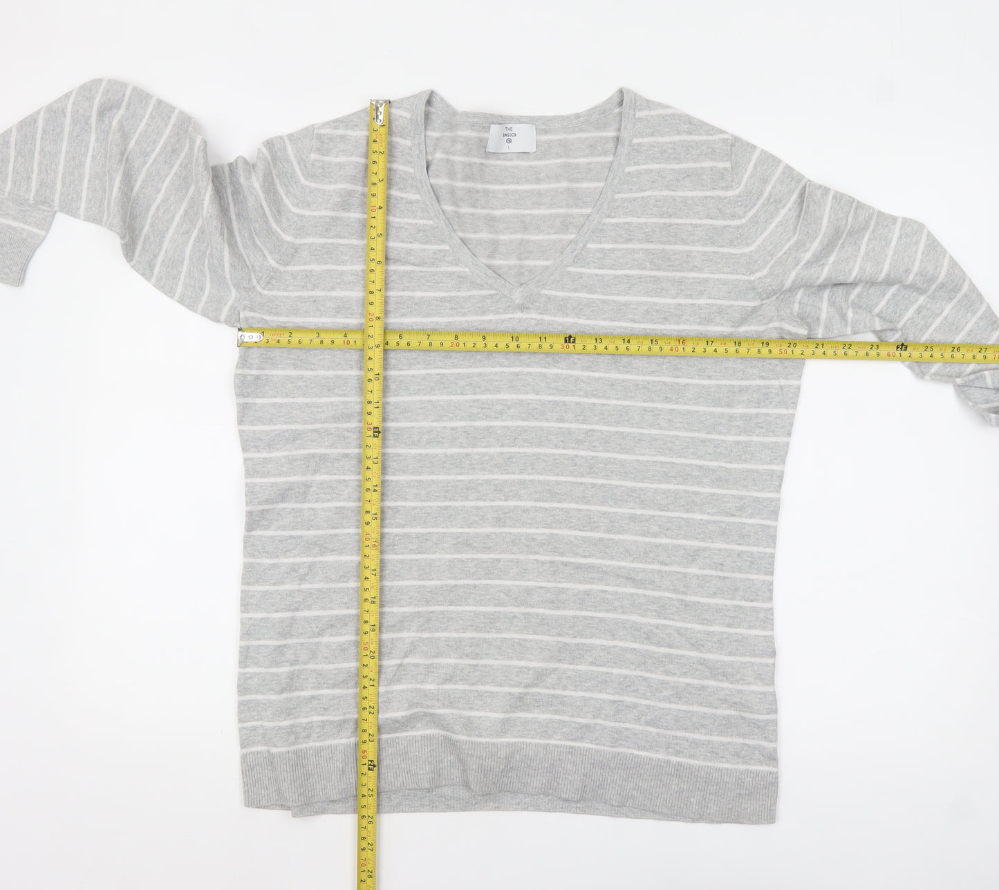 C&A Women Grey Striped V-Neck Cotton Knit Jumper L