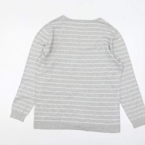 C&A Women Grey Striped V-Neck Cotton Knit Jumper L