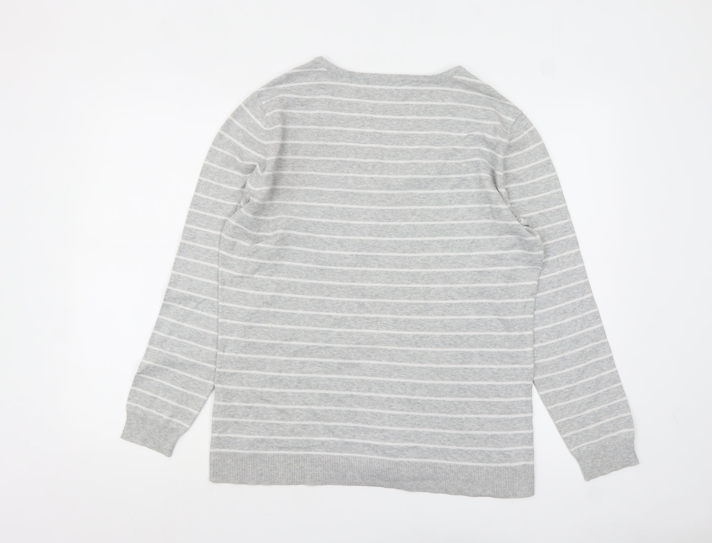 C&A Women Grey Striped V-Neck Cotton Knit Jumper L