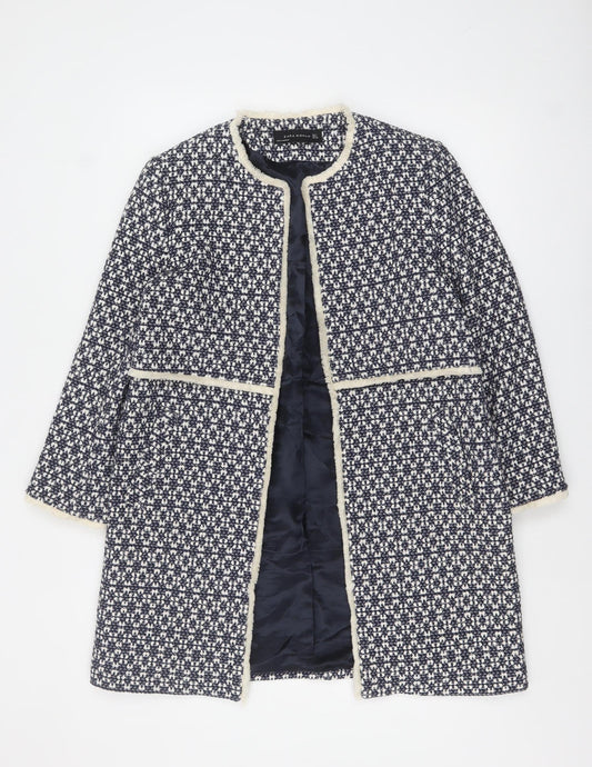 Zara Woman Blue Tweed Mid-Length Coat Size 14 Lined Fringe Detail