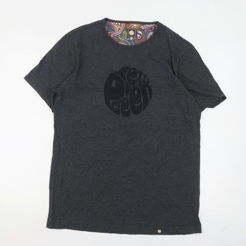 Pretty Green Men's Charcoal Cotton Crew Neck T-Shirt L Retro Paisley Trim