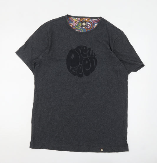 Pretty Green Men's Charcoal Cotton Crew Neck T-Shirt L Retro Paisley Trim