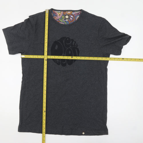 Pretty Green Men's Charcoal Cotton Crew Neck T-Shirt L Retro Paisley Trim