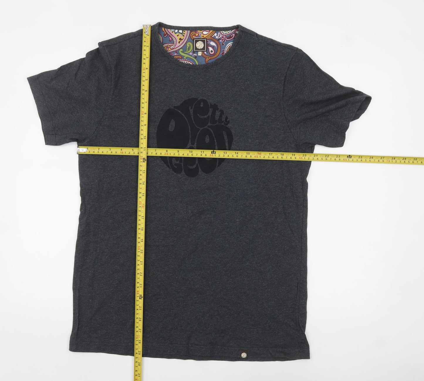 Pretty Green Men's Charcoal Cotton Crew Neck T-Shirt L Retro Paisley Trim