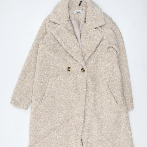 Gallery Womens Beige Long Teddy Fleece Overcoat Size 8